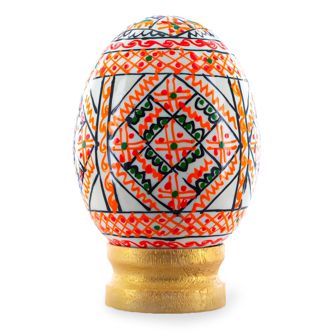 Geometrical White Ukrainian Wooden Easter Egg Pysanka on a Stand 3 Inches